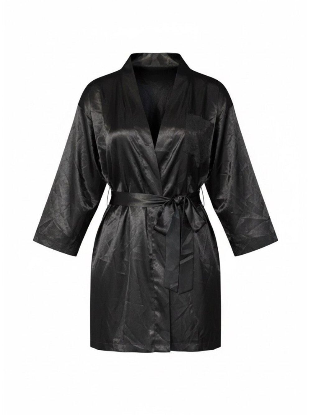 Vintage Cacique Lingerie Robe Wrap Black Teddy Shell Silky Size M/L With Belt